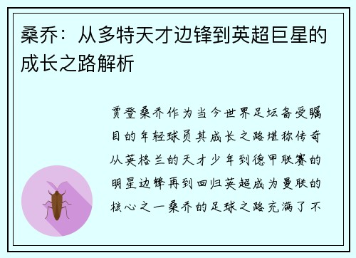 桑乔：从多特天才边锋到英超巨星的成长之路解析