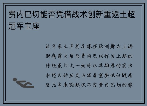 费内巴切能否凭借战术创新重返土超冠军宝座